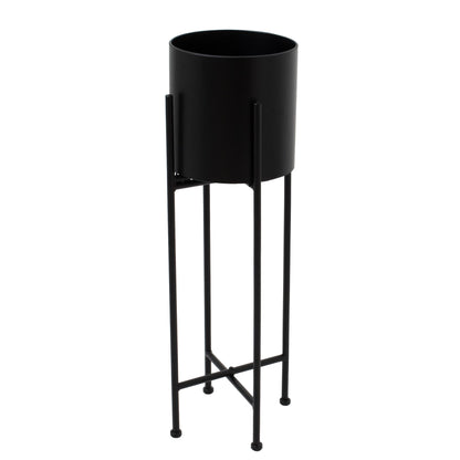 Matt Black Cylindrical Planter On Black Frame