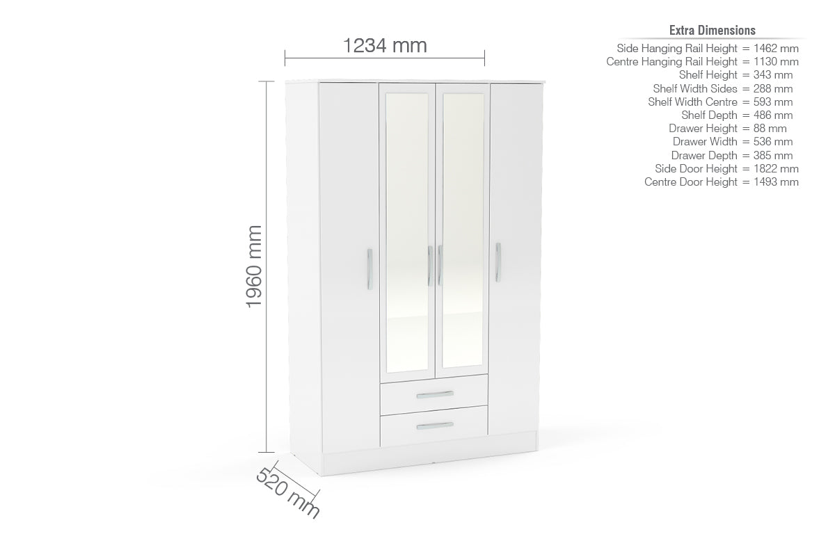 Lynx 4 Door 2 Drawer Wardrobe With Mirror-6